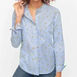 Talbots Button Up, Ruffle detail, Blue/White Stripe with Gold Hearts. Size Large